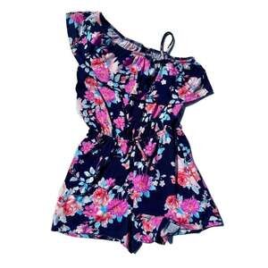 Paper Doll Girls Navy Blue Floral One Shoulder Ruffle Romper Size 10